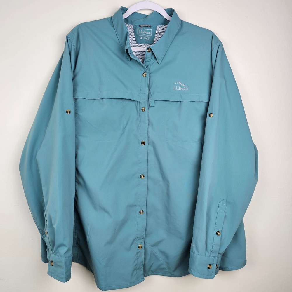 LL Bean Shirt Women 2X Plus Blue Tropicwear Long Sleeve UPF 50 Vented